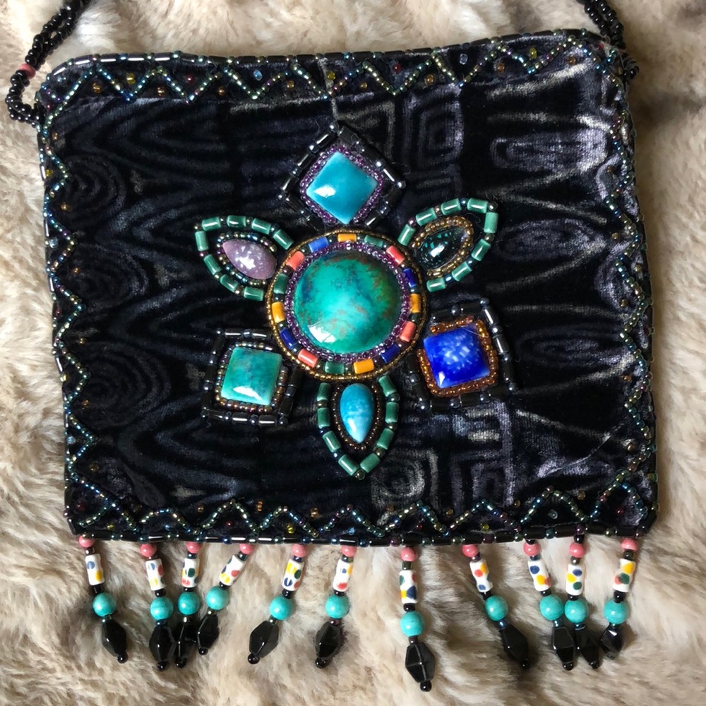 RARE 100% silk velvet artisan stone flower purse - Picture 7 of 16